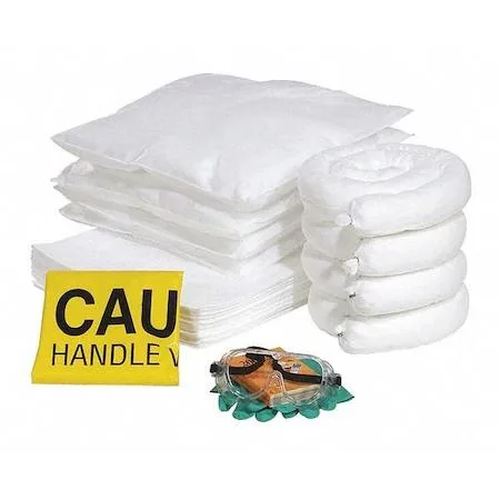 Yellow boxed spill kit refill containing pads, pillows, socks, gloves, goggles and disposal bags