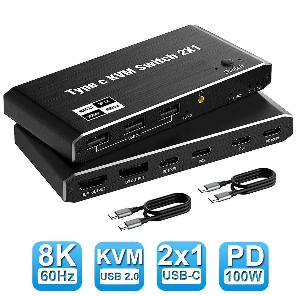 Hitoor Hitoor 2-Port USB-C KVM Switch 8K@60Hz HDMI DP 100W PD 3 USB 2.0 — product photo