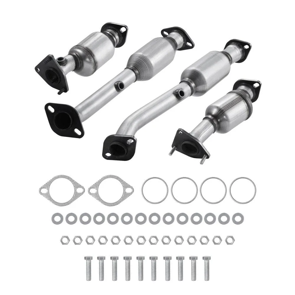 Silver metallic catalytic converter unit with flanged pipe ends and bolt holes visible