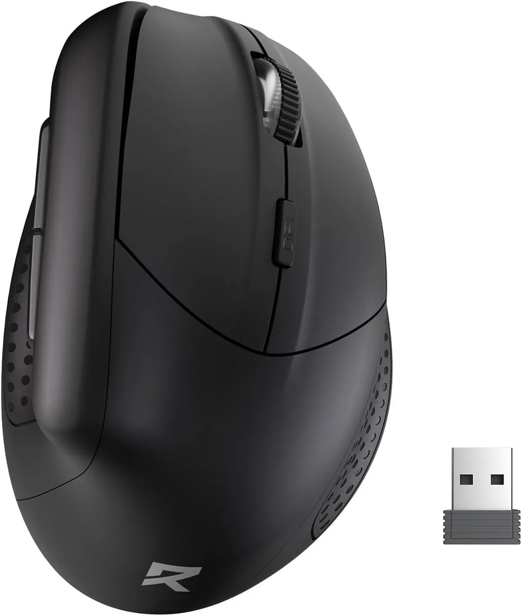 Black vertical ergonomic gaming mouse with USB receiver visible