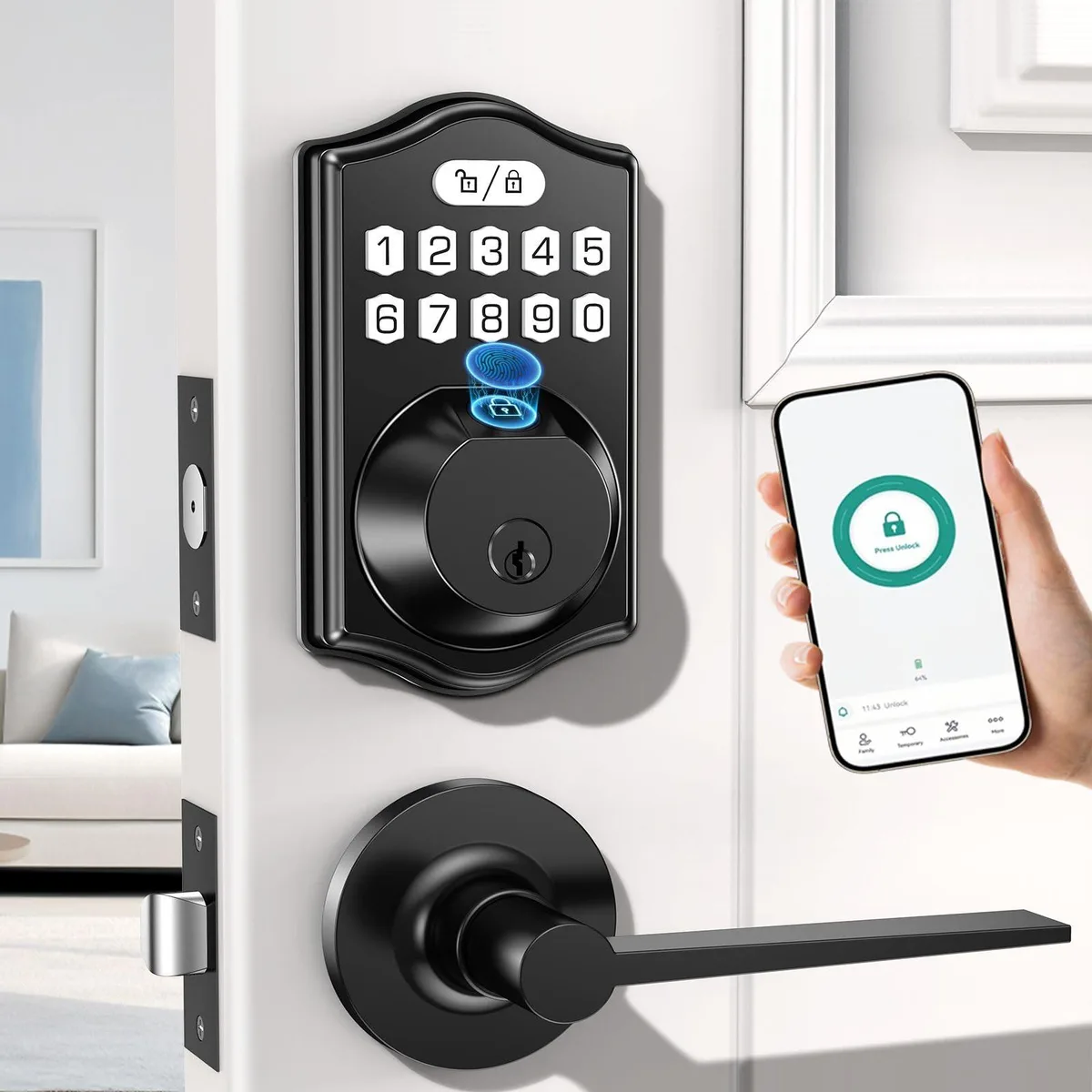 Black rectangular smart lock with integrated lever handle, fingerprint sensor and illuminated keypad, 12.5 by 7.9 by 3.6 inches