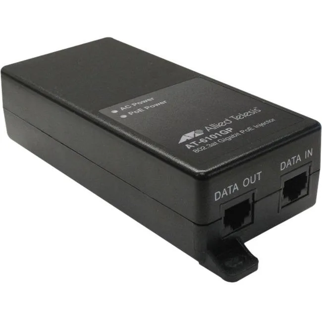 White rectangular PoE+ injector module with two RJ-45 ports and power input