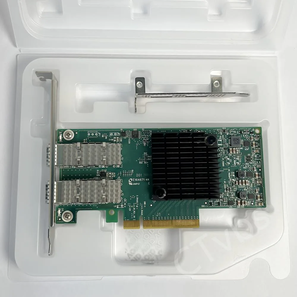 Green printed circuit board with silver PCIe edge connector and black MPO optical port