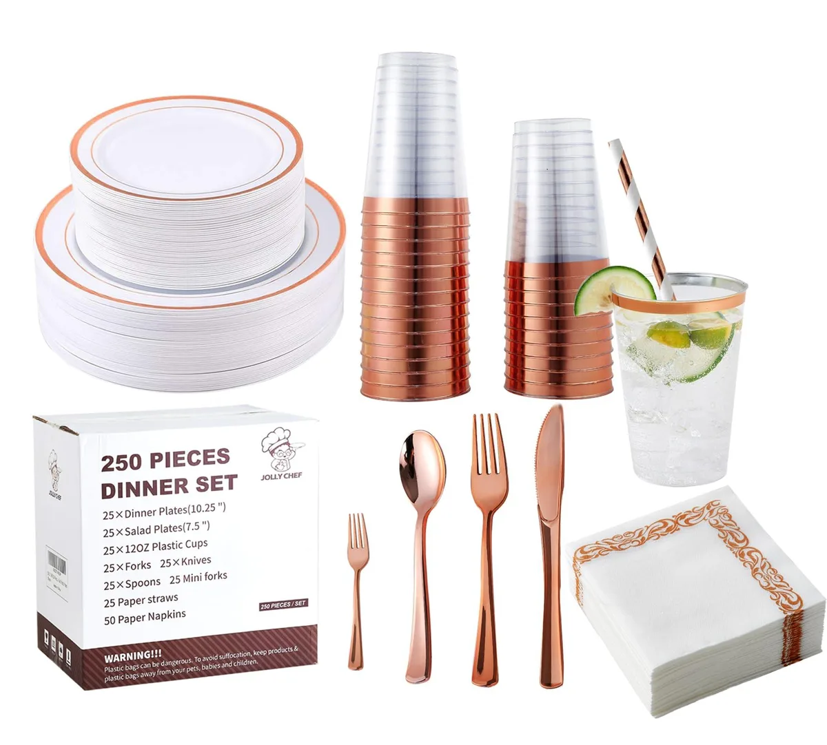 250-piece rose gold disposable flatware set with plates, cutlery, cups, napkins and straws