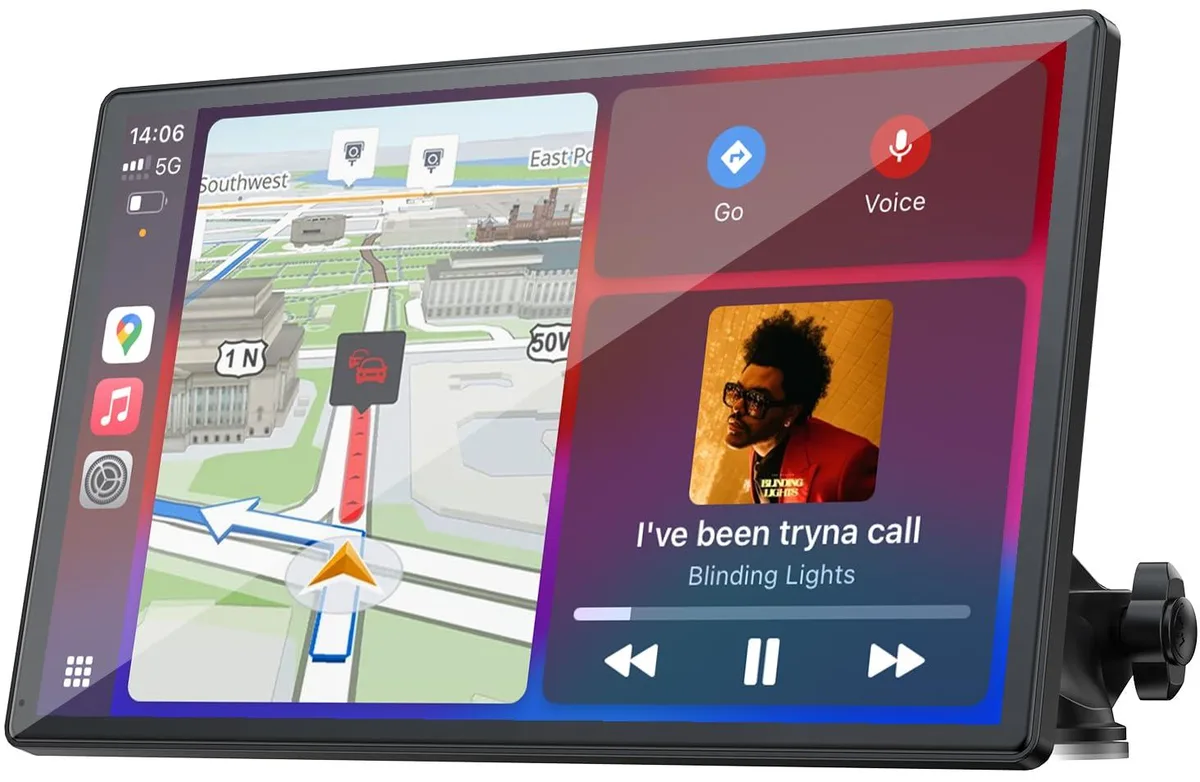 Black 9-inch portable CarPlay touchscreen with suction-cup dashboard mount