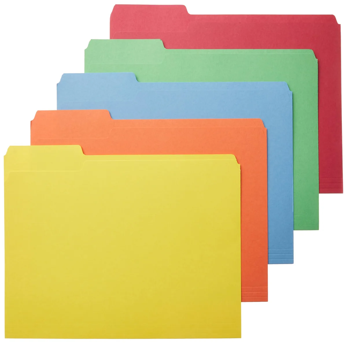 Stack of 100 letter-size folders in assorted colours with 1/3-cut tabs