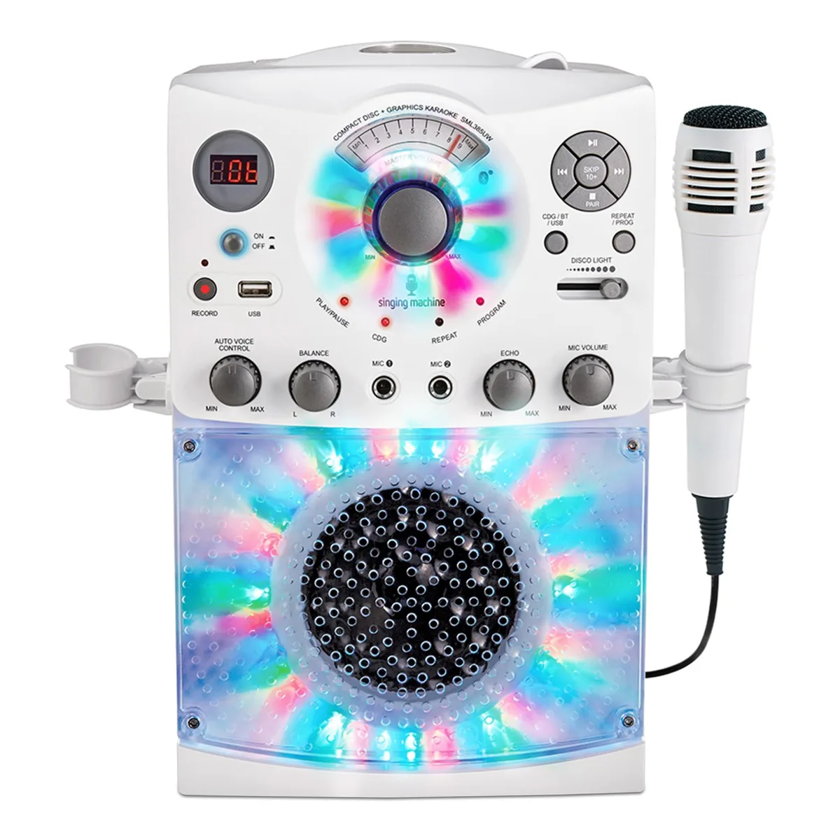  Singing Machine SML385BTW Karaoke System White 54 LED Lights 3.5mm Mic — product photo