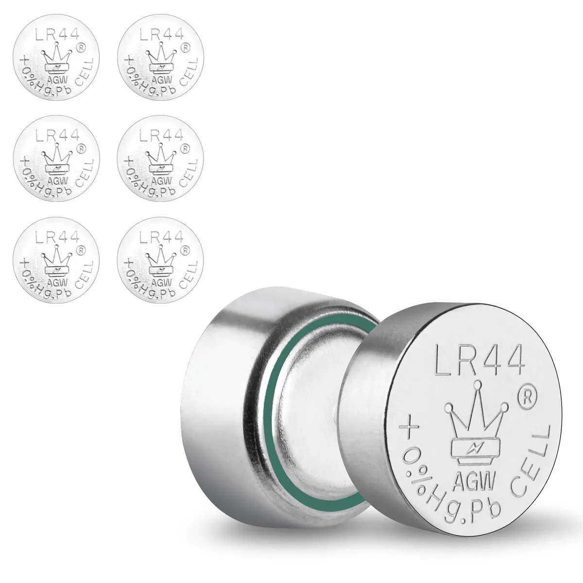 Six silver LR44 alkaline button cells in a blister pack