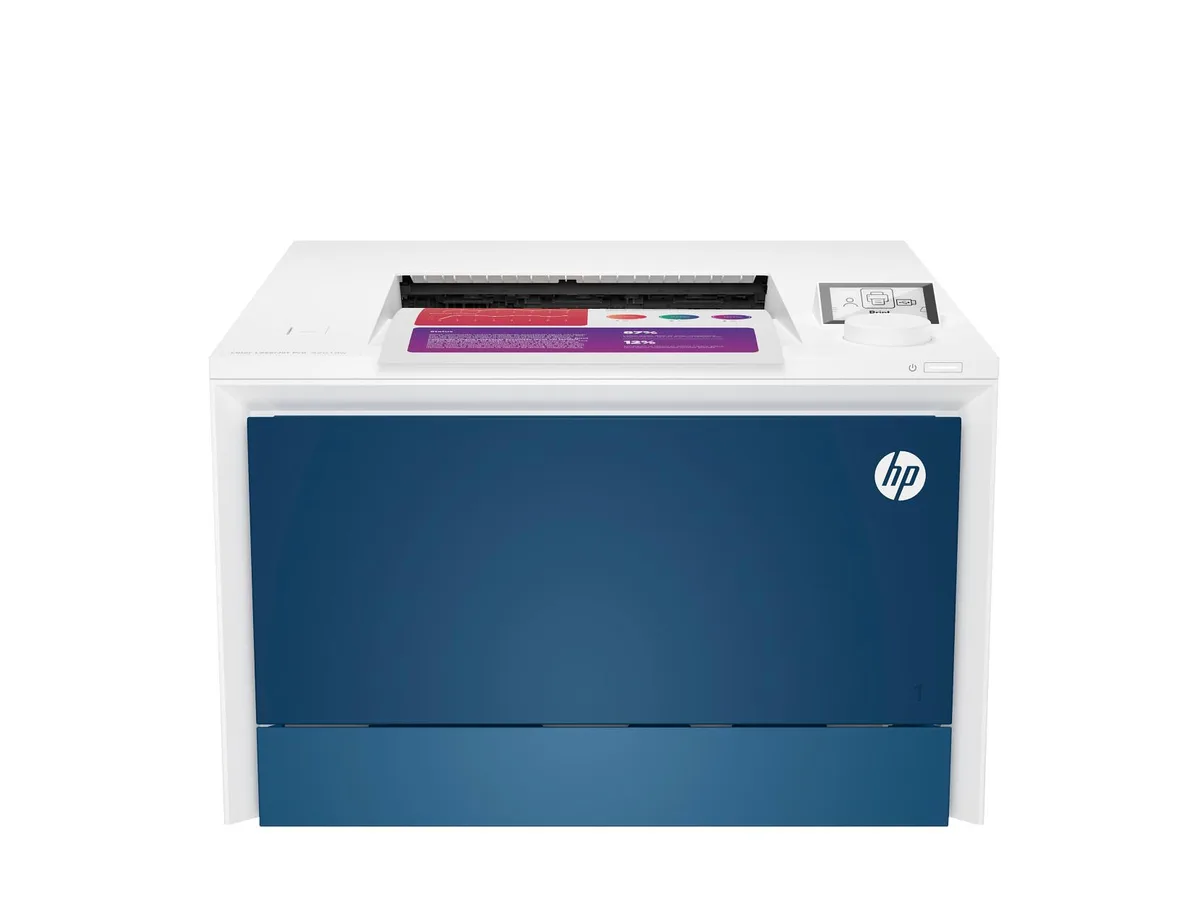 White rectangular laser printer with angled control panel and output tray