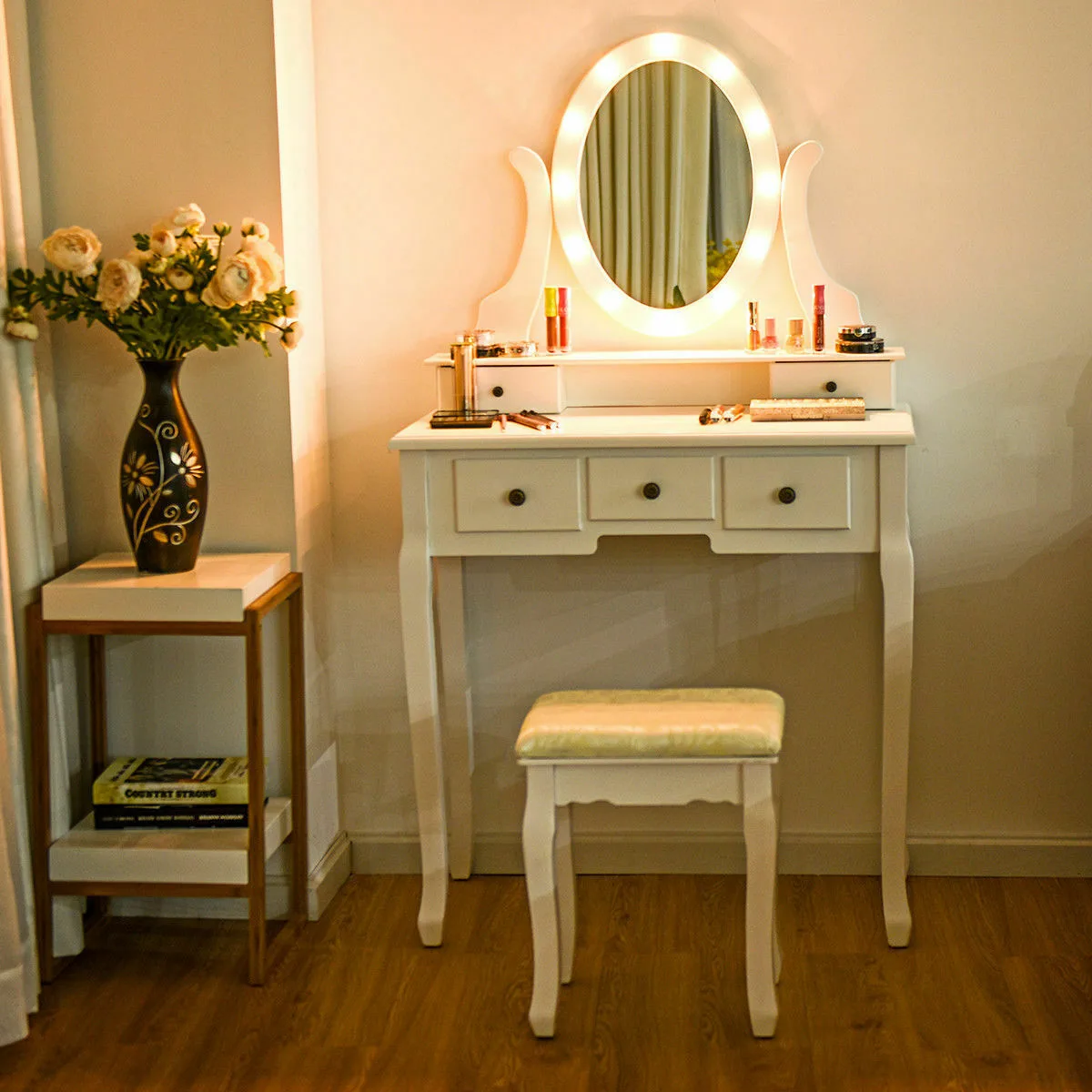 White vanity table with oval mirror, 12 LED bulbs, five drawers, cushioned stool