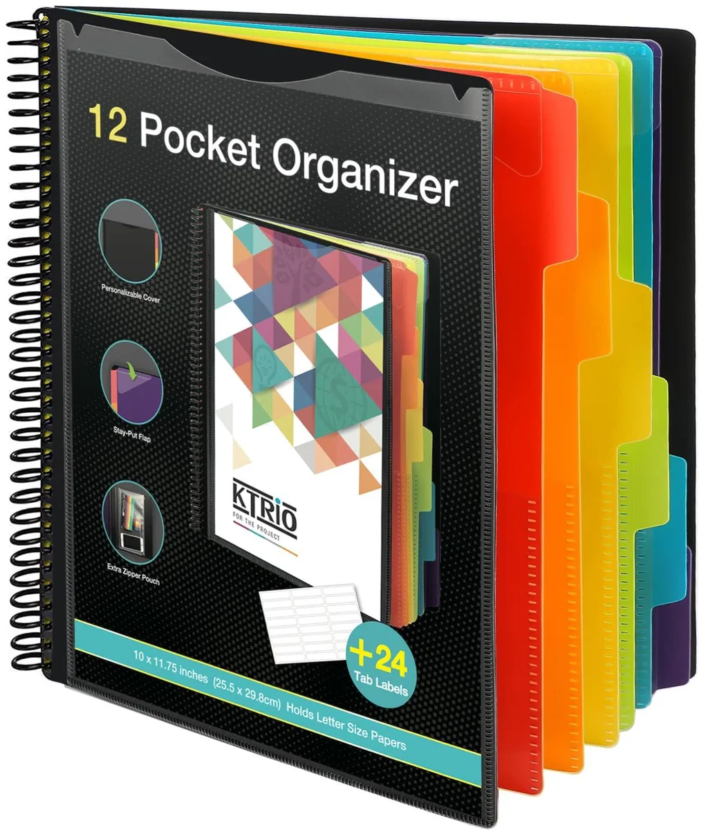 Black spiral binder with 12 pockets and zip pouch, 11.8 by 10 inch