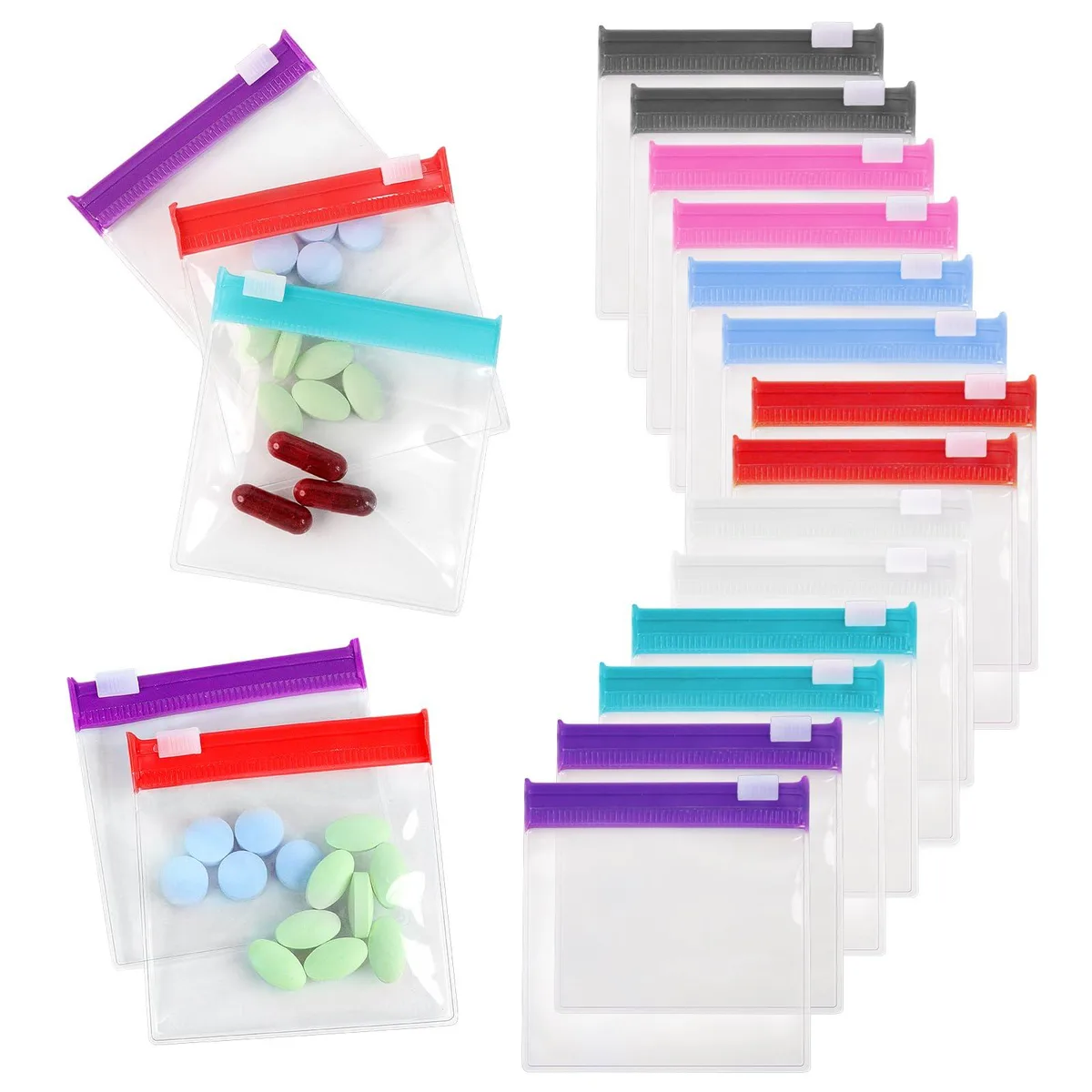 Fourteen small square zippered pouches in seven colours, two per colour, shown flat and stacked