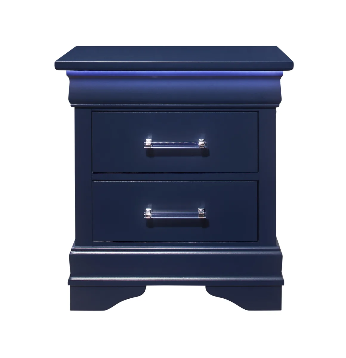 Blue nightstand with two drawers and LED lighting