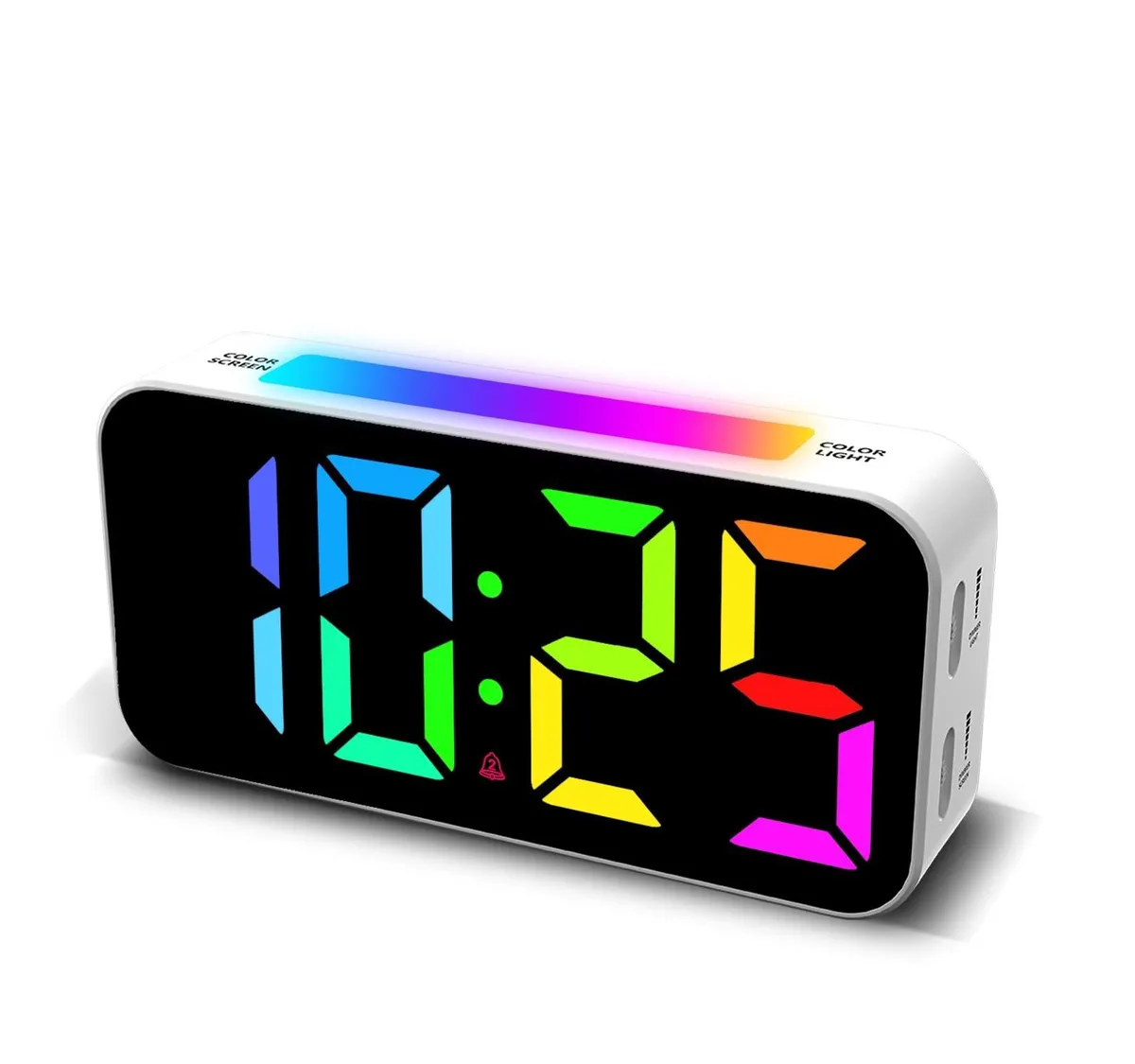 Topski 8010 digital clock, white rectangular body with RGB display and night light