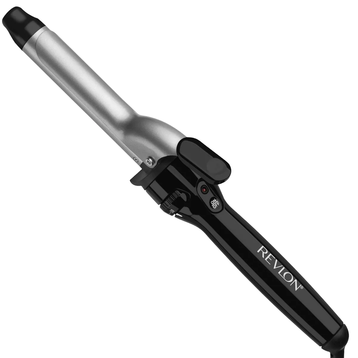 Black 1-inch ceramic curling iron with ergonomic handle and thumb rest