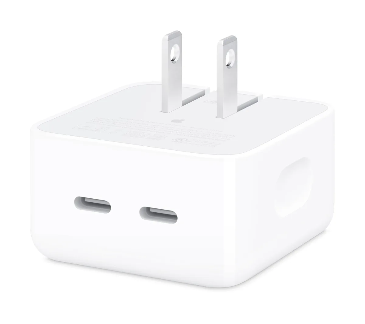 White rectangular Apple 35W USB-C charger with folding prongs
