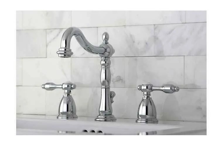 Chrome widespread lavatory faucet with Victorian spout and traditional lever handles