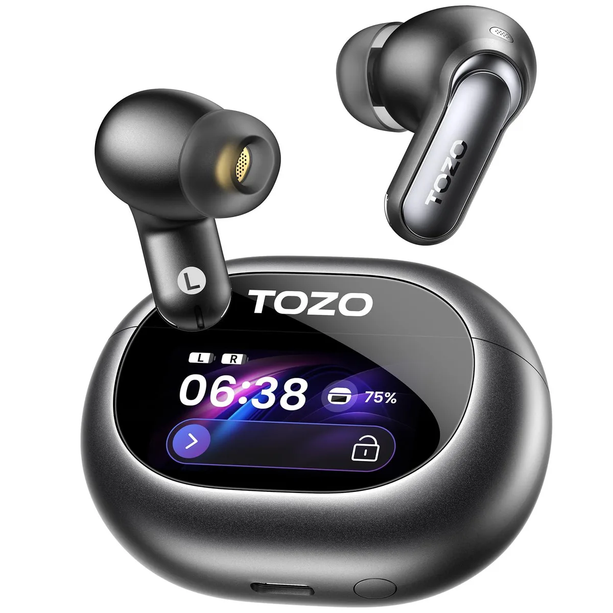 Black wireless earbuds in a smart charging case with touchscreen display