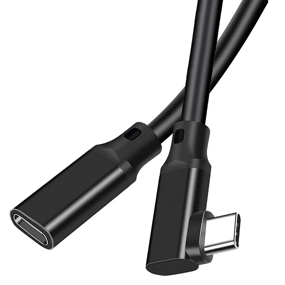 Black USB-C male-to-female right-angle extension cable, 6.6 ft