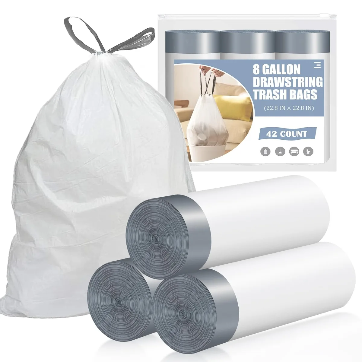 CORREPAK 8 Gallon Trash Bags 42 Count White Unscented — product photo