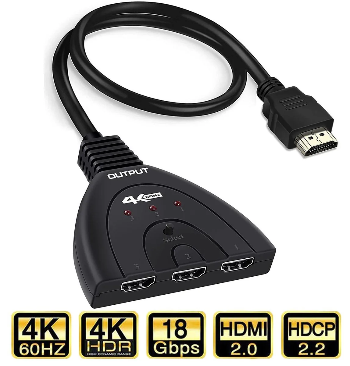 WRIARICH WRIARICH OZQ1 HDMI Switch 3 in 1 Out 4K 60Hz 18Gbps Pigtail 50cm — product photo