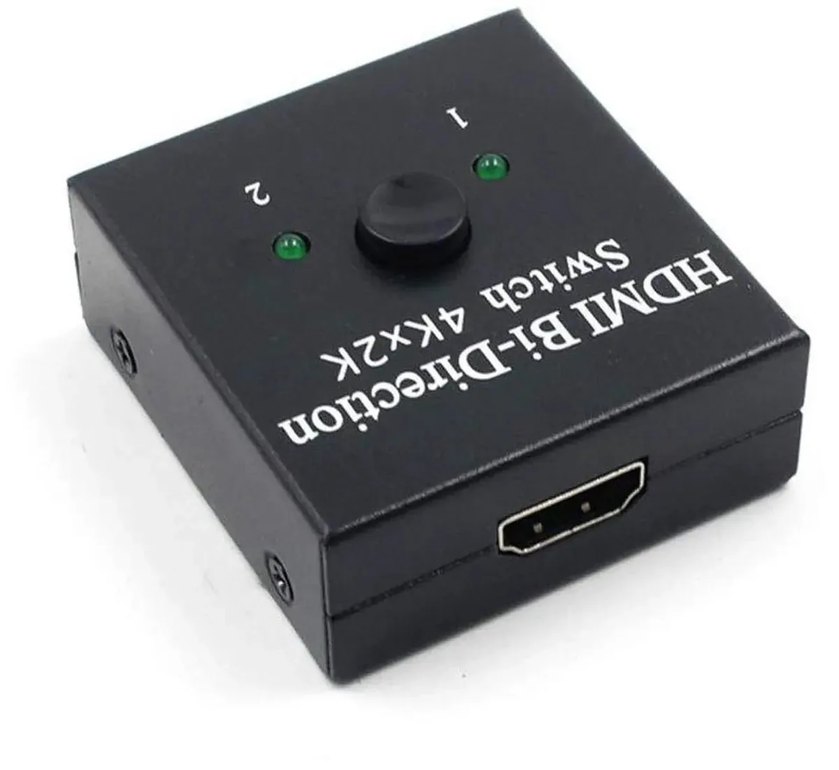 Small black box with three HDMI ports and a button