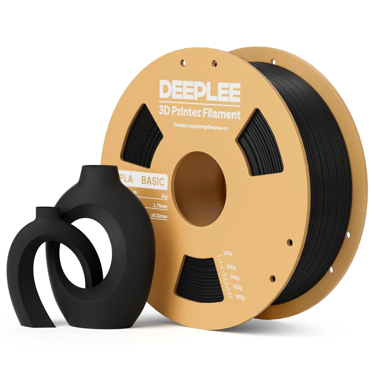Black PLA filament spool, 1.75 mm diameter, 1 kg weight