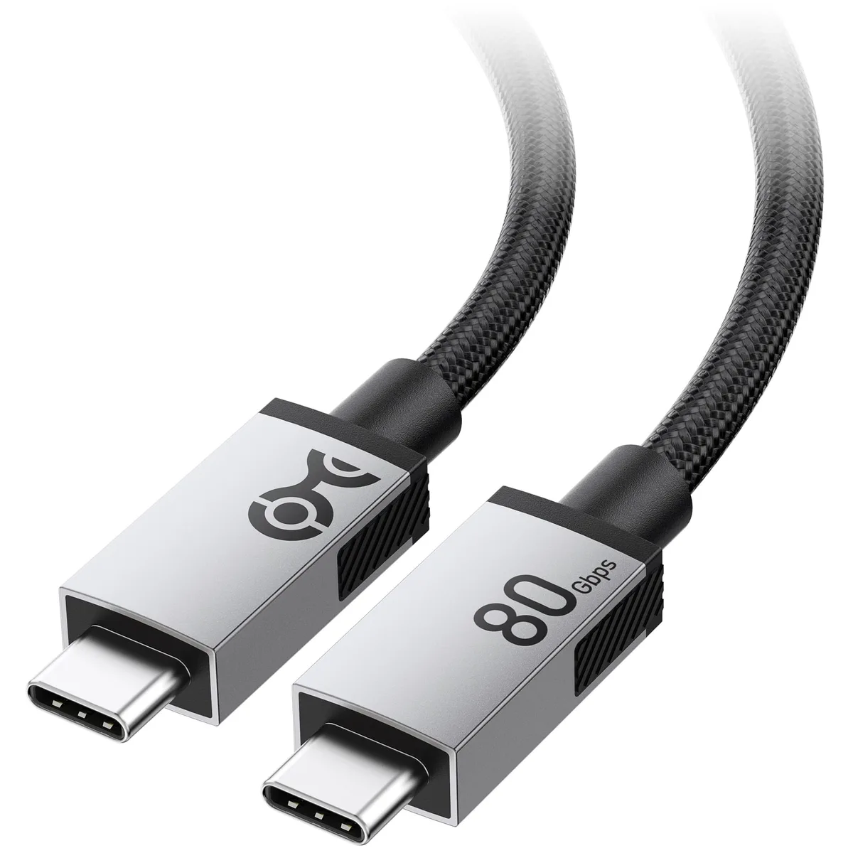 Black braided USB4 cable with USB-C male connectors on both ends, 6.6 ft long