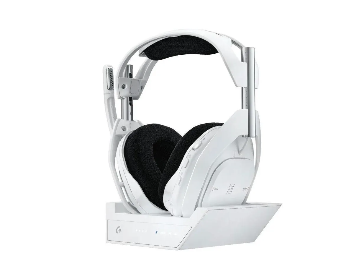 White wireless gaming headset with boom microphone and on-ear controls