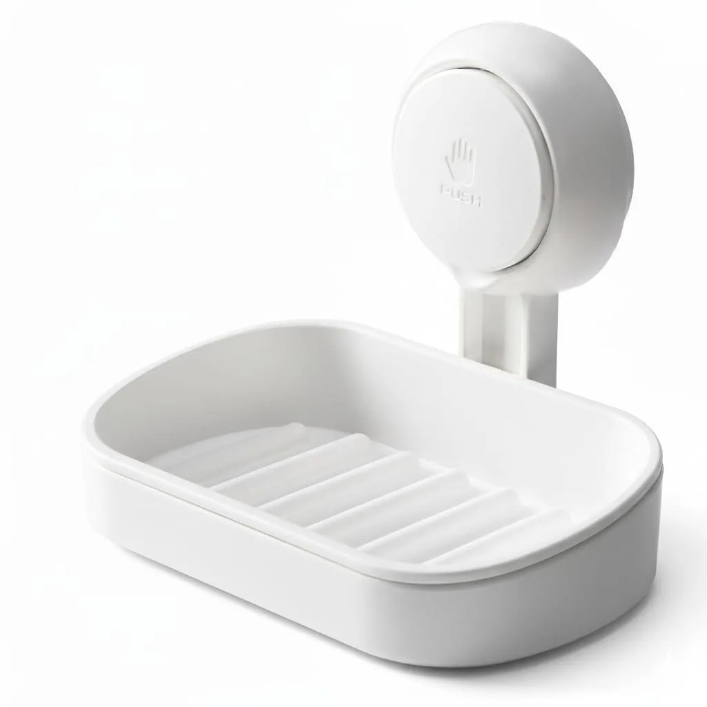 White dual-layer plastic soap dish with suction cup mount, upper tray and draining lower rack