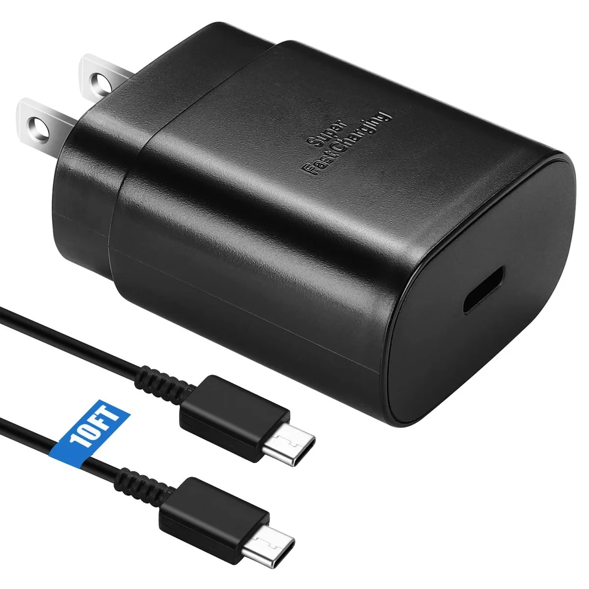 Compact black USB-C wall charger with attached 10ft cable