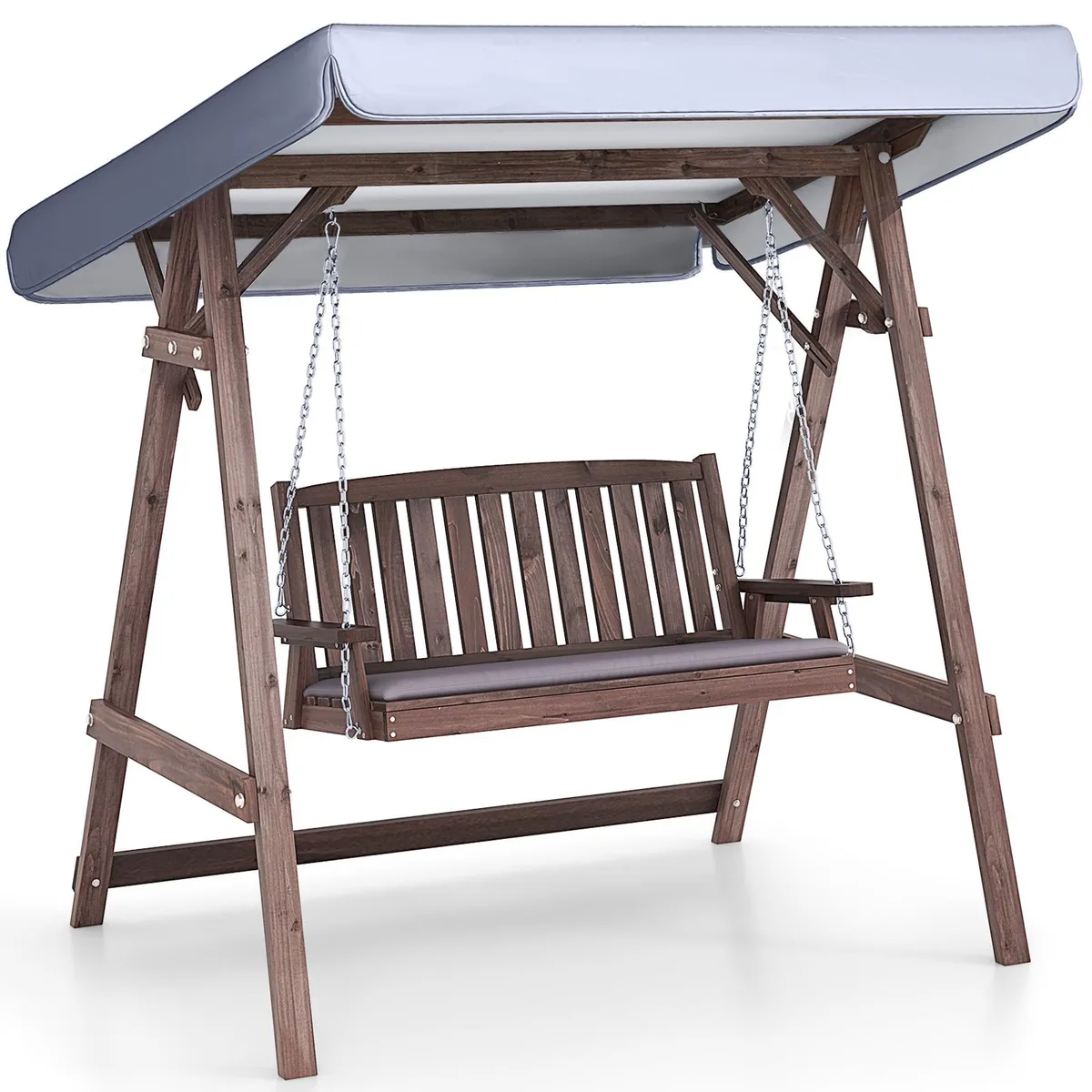 SlickBlue SlickBlue 2-Person Porch Swing Fir Wood Stand Tilt Canopy Brown Grey — product photo