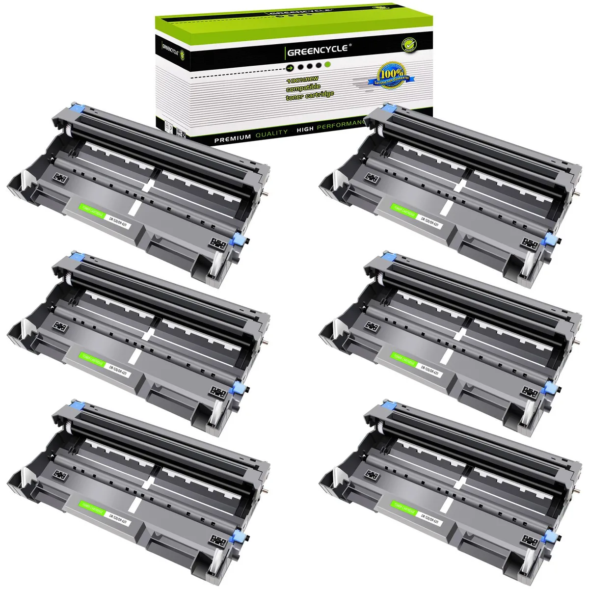Six black drum units in a rectangular box
