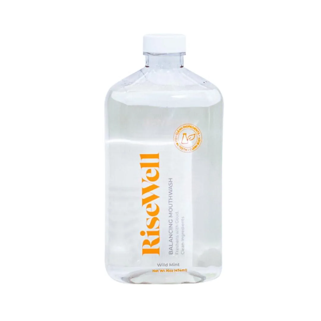 Clear plastic bottle with white cap, 16 fl oz mint mouthwash