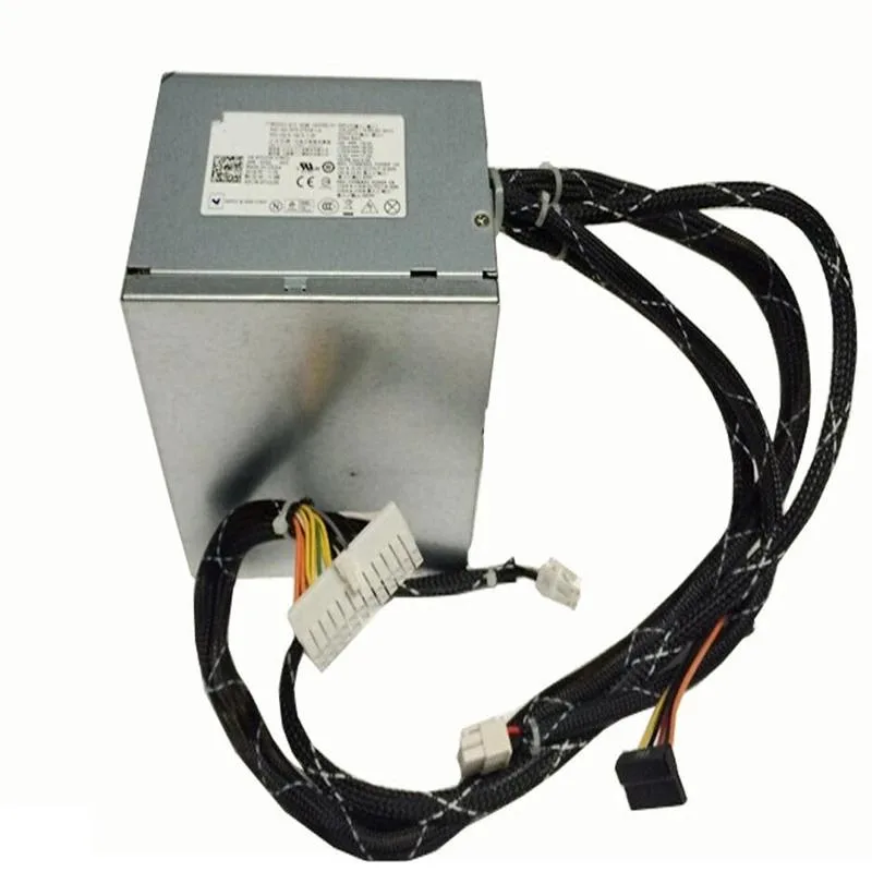 Rectangular silver ATX power supply unit with rear fan grille and cable bundle