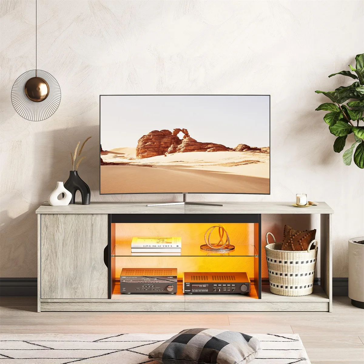 Bestier Bestier 58" LED TV Stand with Glass Shelf & Storage Cabinet, Grey — product photo