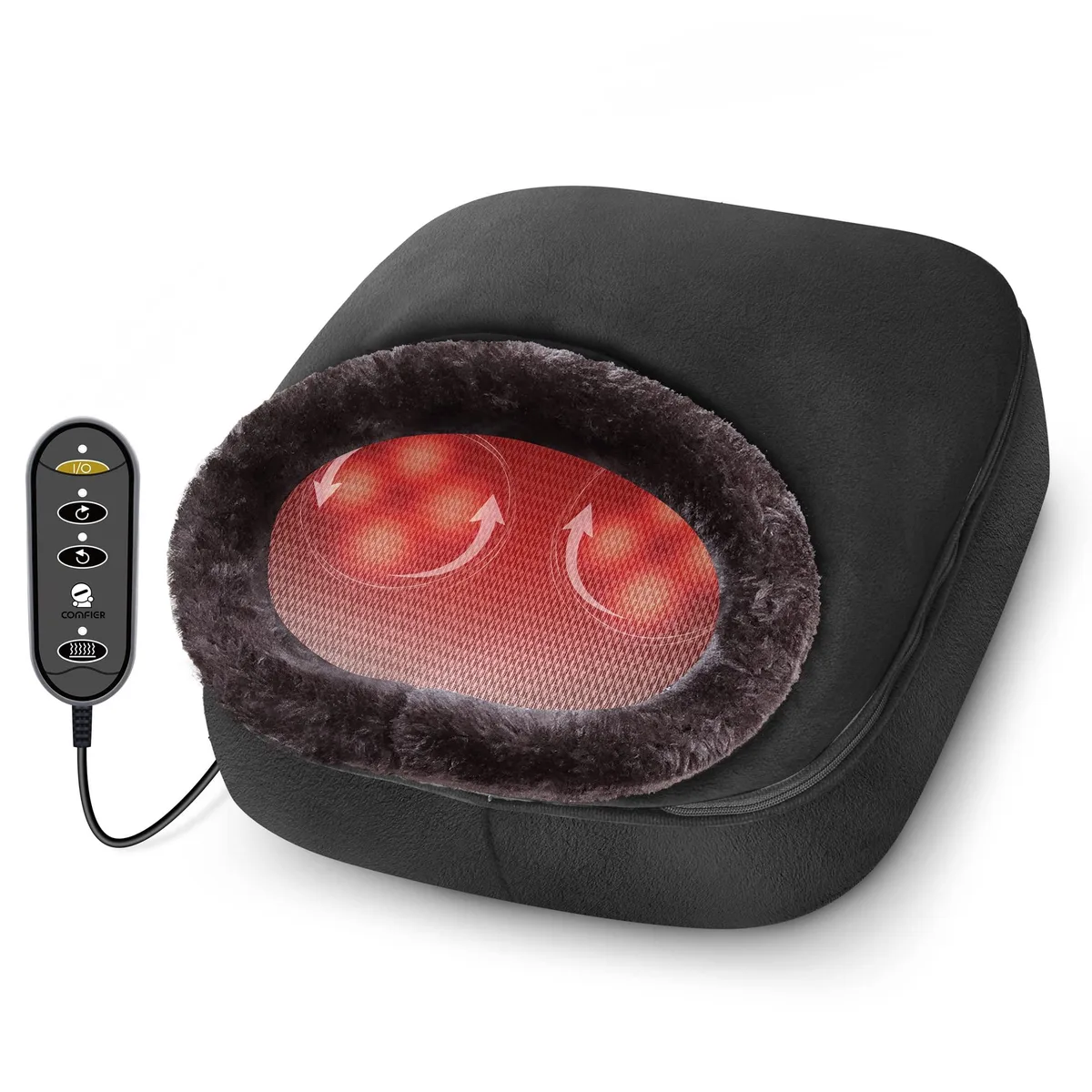 Black plush foot massager with detachable cover, corded controller, 14.37 x 1276 x 6.38 inches, 1.5 kg