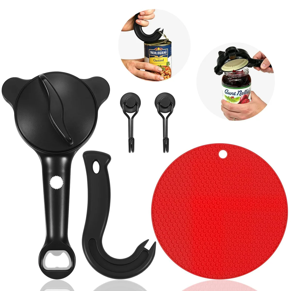 Five-piece stainless steel jar opener set with red gripper pad, ring pull tool and magnetic hooks