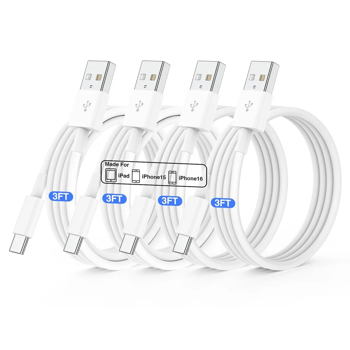 Four white USB-A to USB-C cables coiled together, 3 ft each
