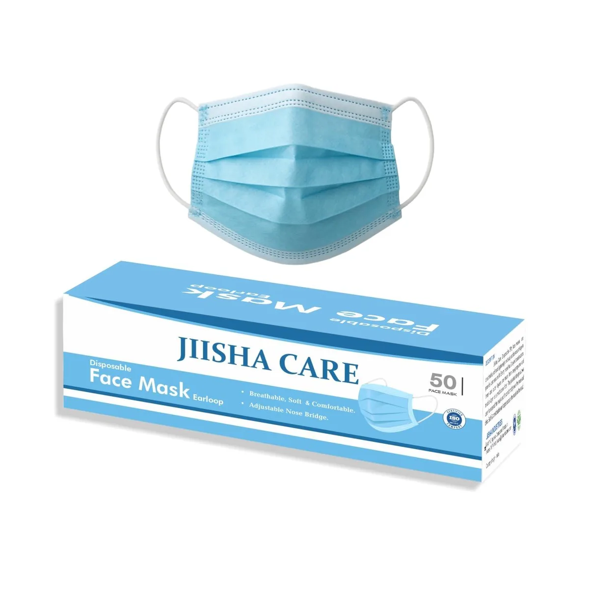 JIISHA CARE 3-Ply Disposable Face Masks 50 Pack Blue — product photo