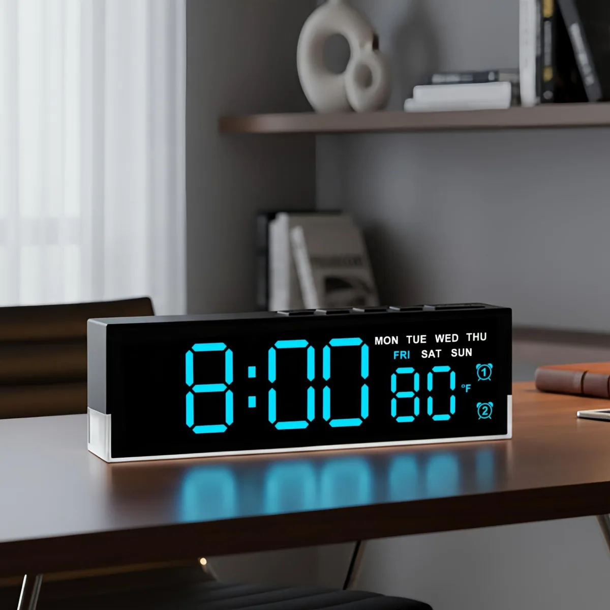 Rectangular blue 6.7-inch LED digital desk clock with bottom glow light