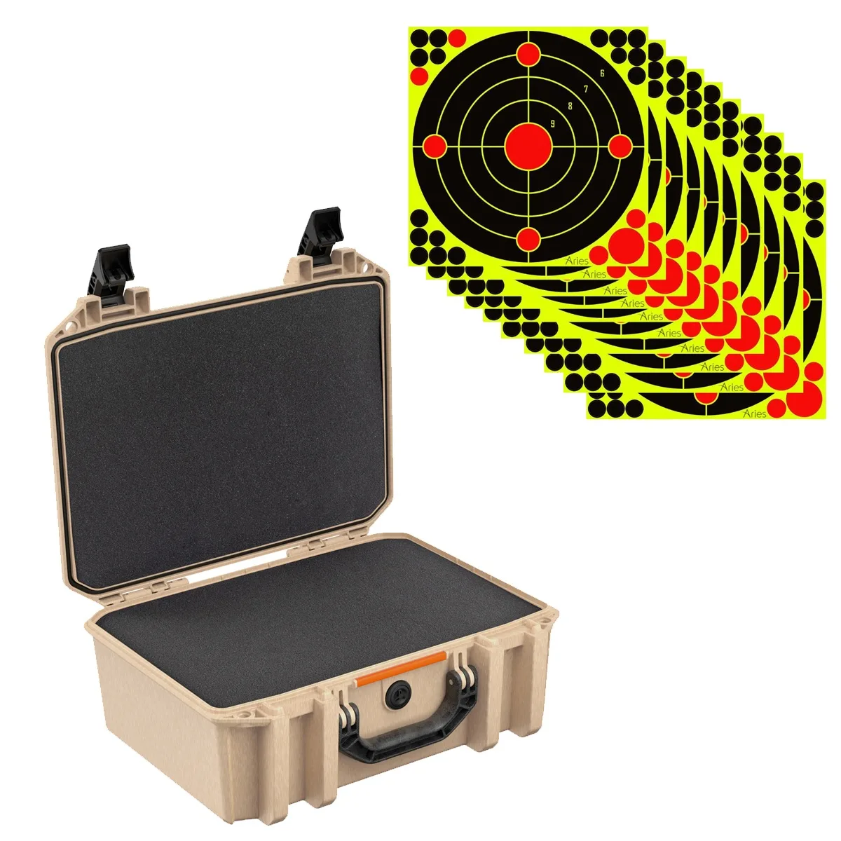 Pelican Products, Inc. Pelican V300 Vault Large Firearm Case Tan with 10-Pack Splatter Targets — product photo