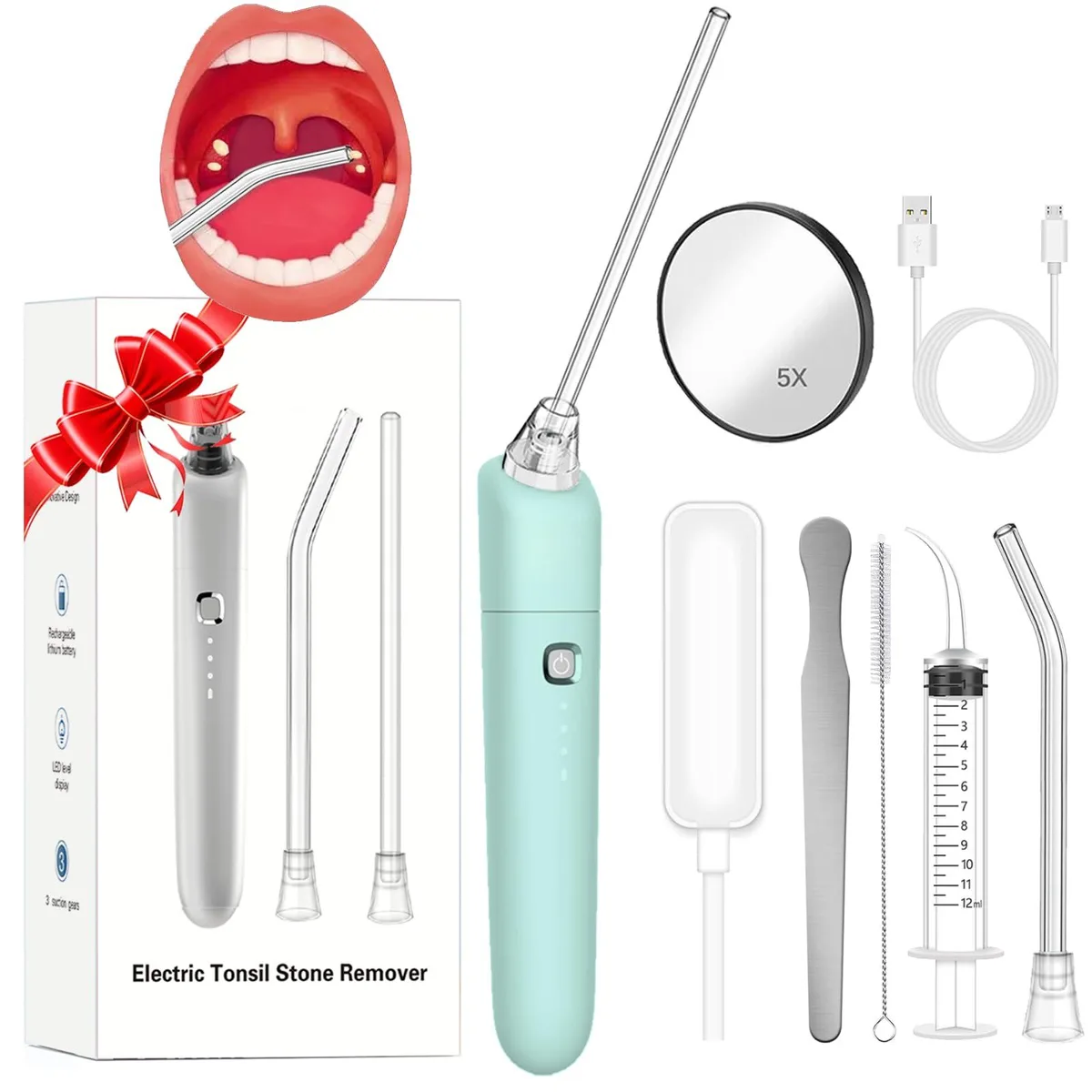 Green handheld suction unit with 15cm probes, mirror and light