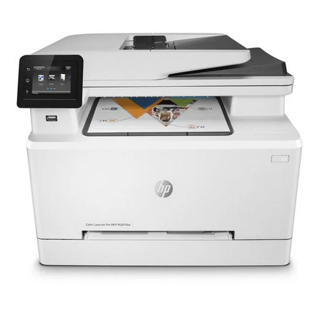 White rectangular multifunction laser printer with touchscreen and automatic document feeder