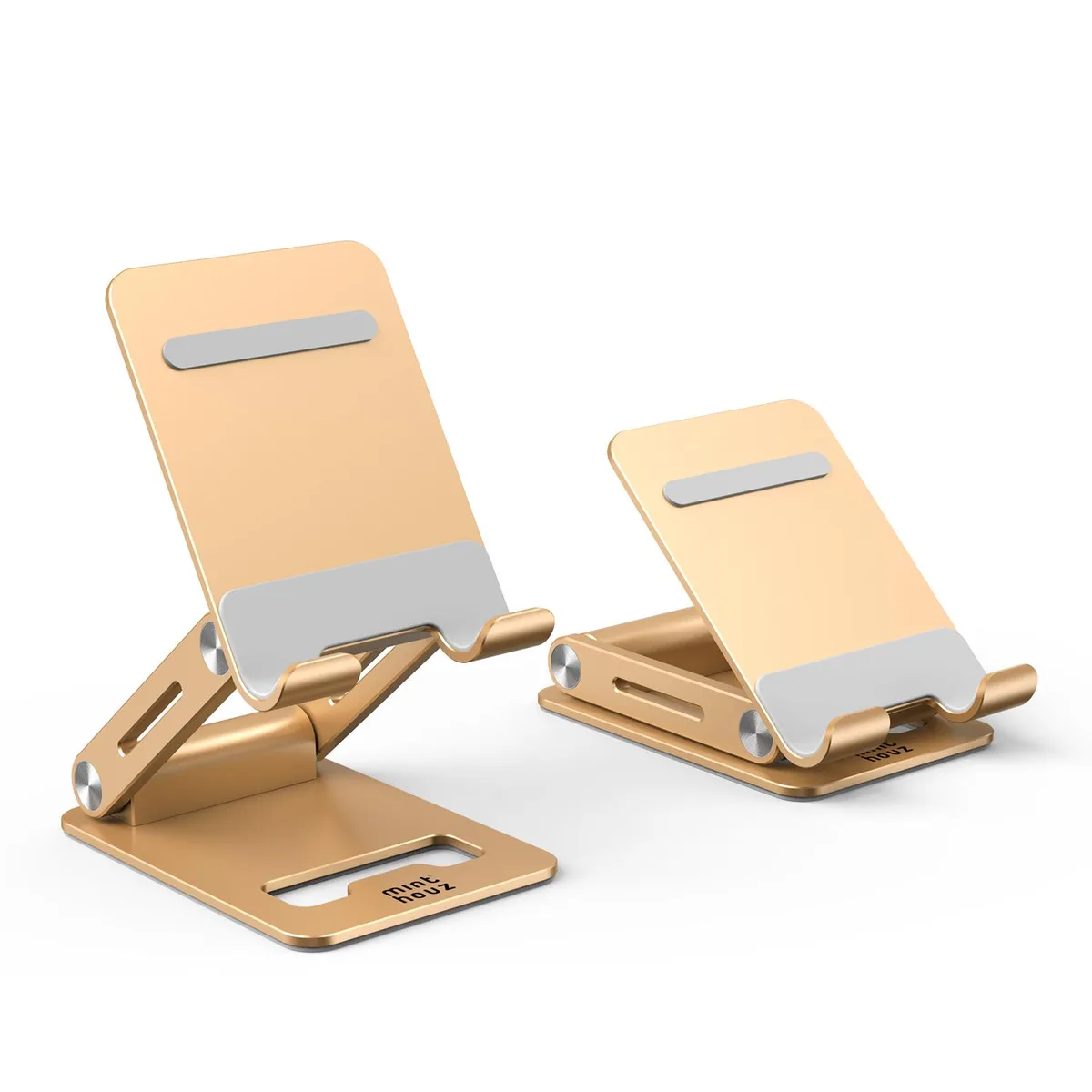 Minthouz Marketplace Minthouz Marketplace MT-E006 phone mount gold 4.7-7.9in 180° adjustable foldable aluminum 189g — product photo