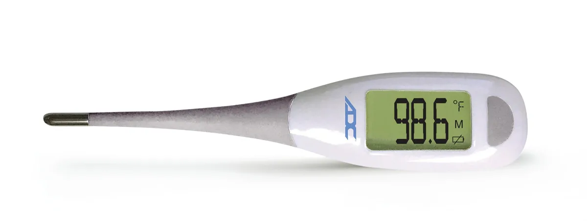 Black digital stick thermometer with large LCD and color backlight
