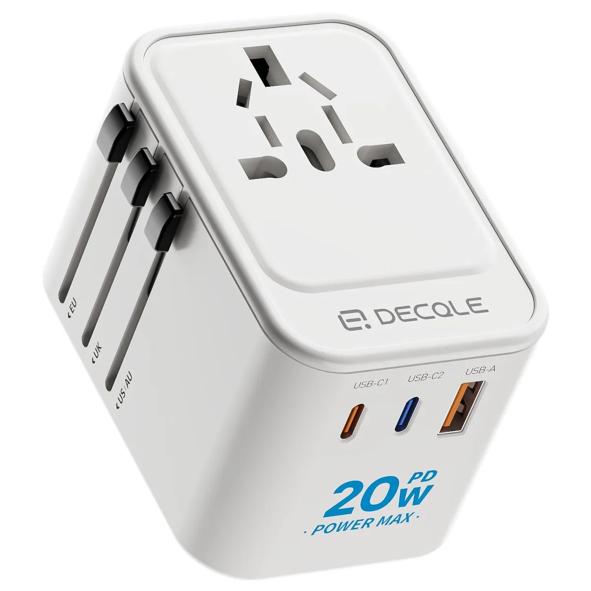  decqle DQZ9 Universal Travel Adapter 2 USB-C PD 20W 1 USB-A White — product photo