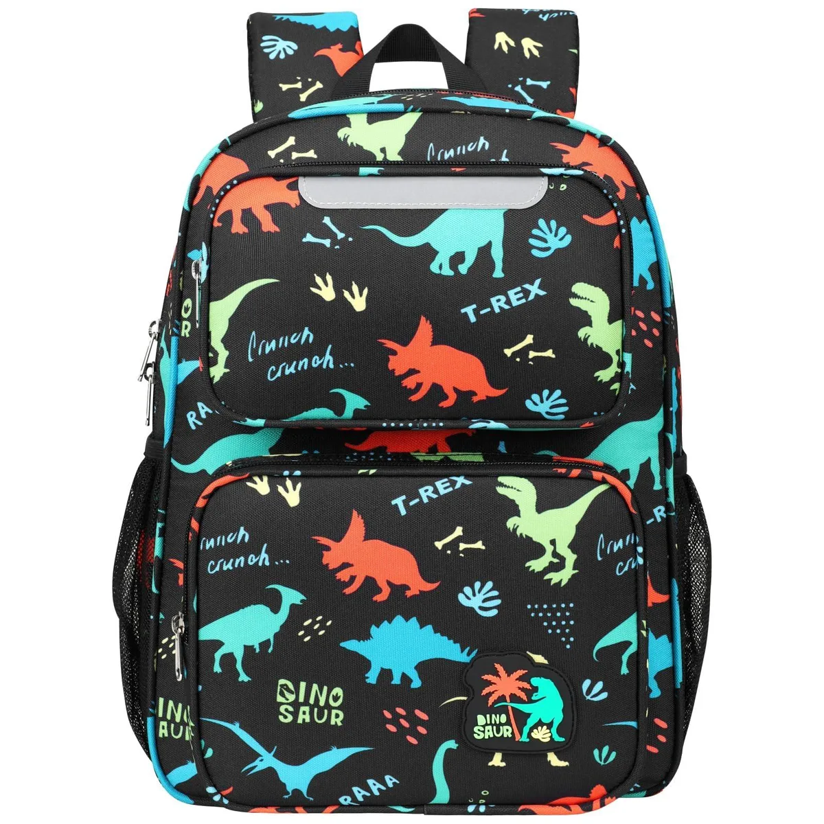 Beige polyester backpack with dinosaur print, 15 inch laptop compartment, padded straps, insulated front pocket
