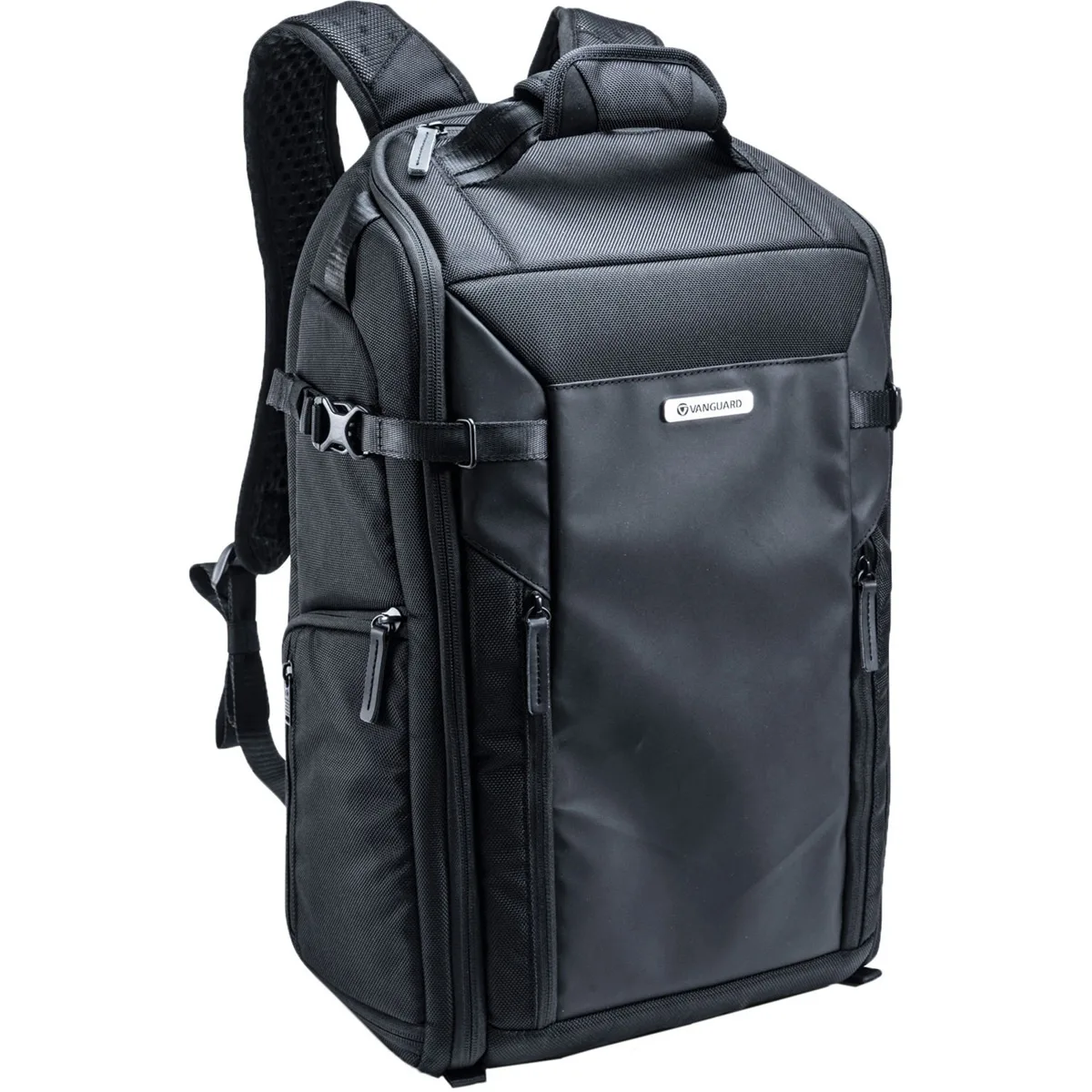 Black camera backpack with front, side and top access points, padded back panel and adjustable shoulder straps