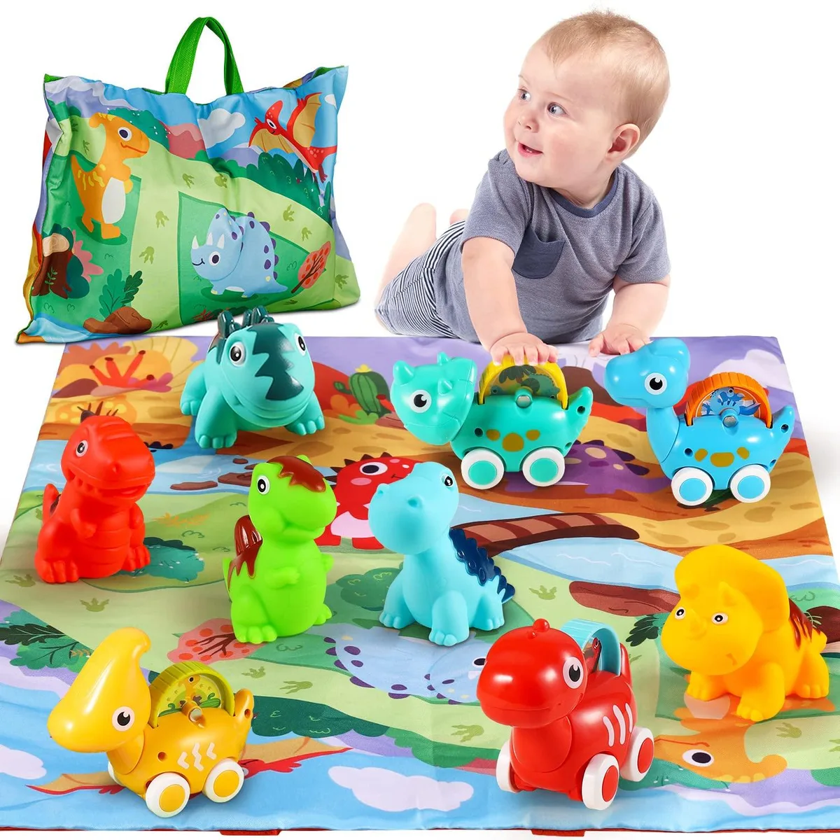  Dinosaur Car Toy Set 9 pcs with Playmat Storage Bag 12 18 Months — product photo